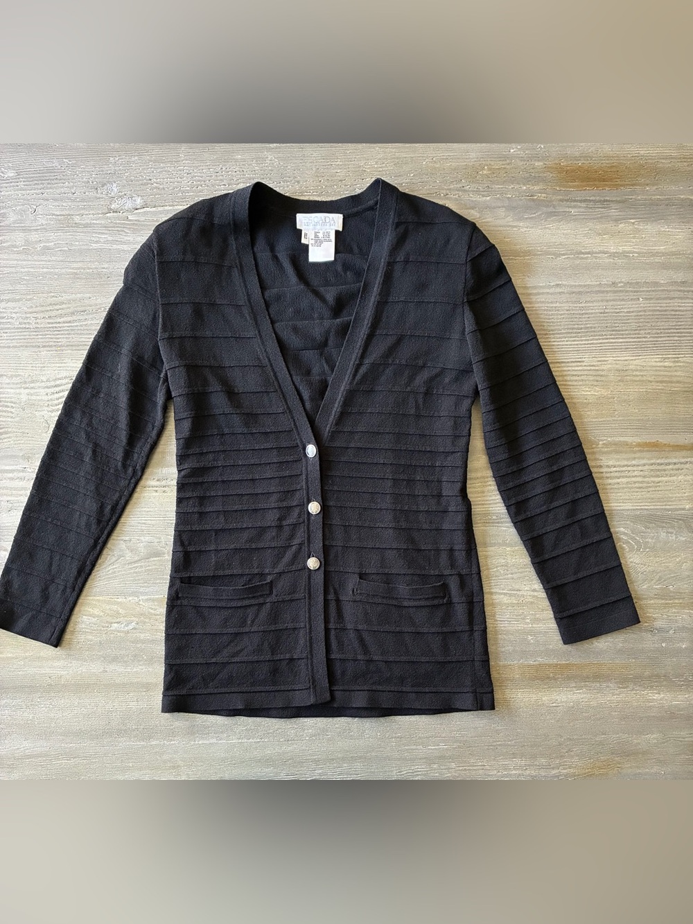 Escada wool blend cardigan jet black silver buttons pockets textured deep v SZ M